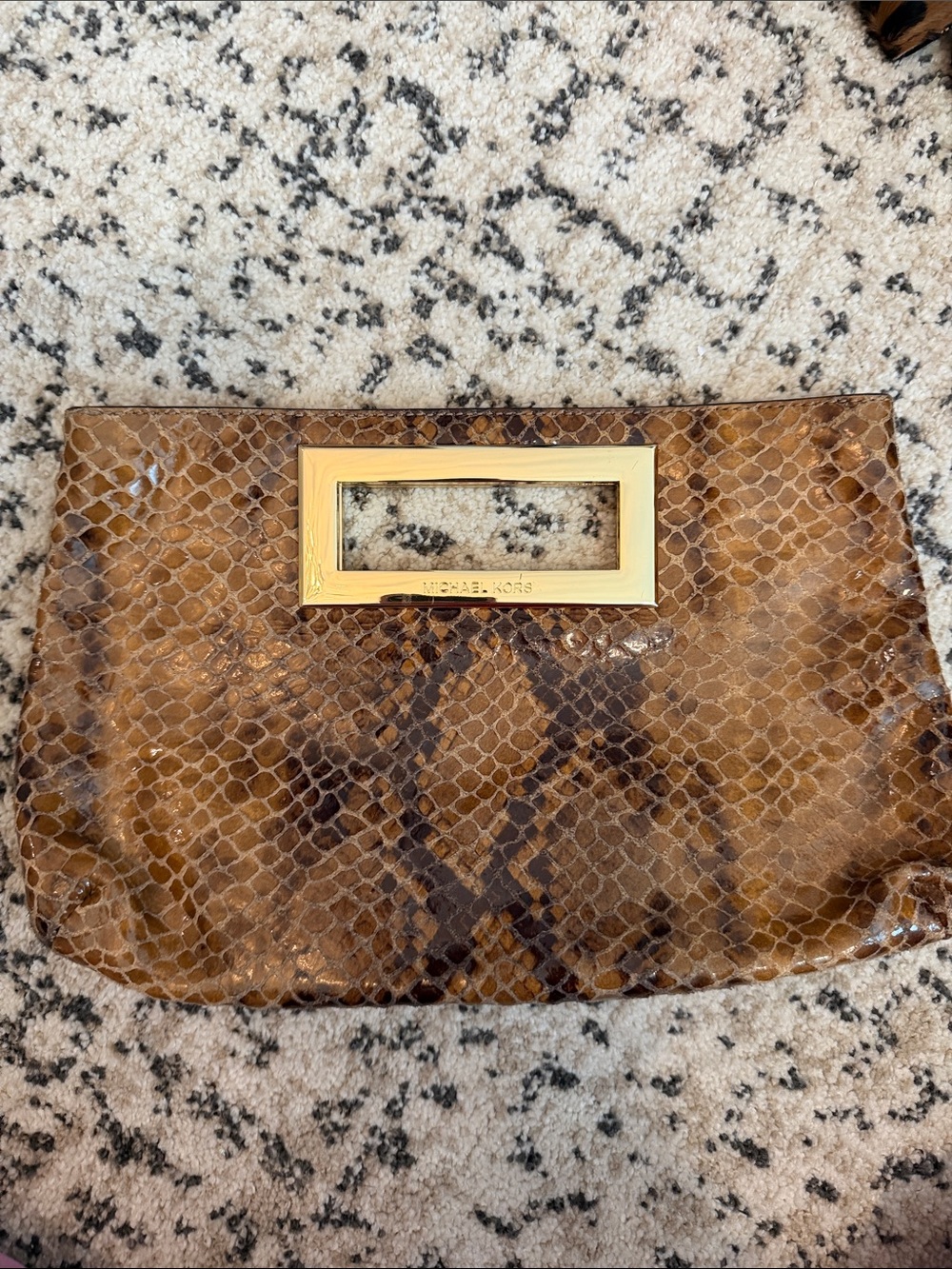 Michael Kors Tan and Brown Snake-Print Leather Clutch with Gold Handle